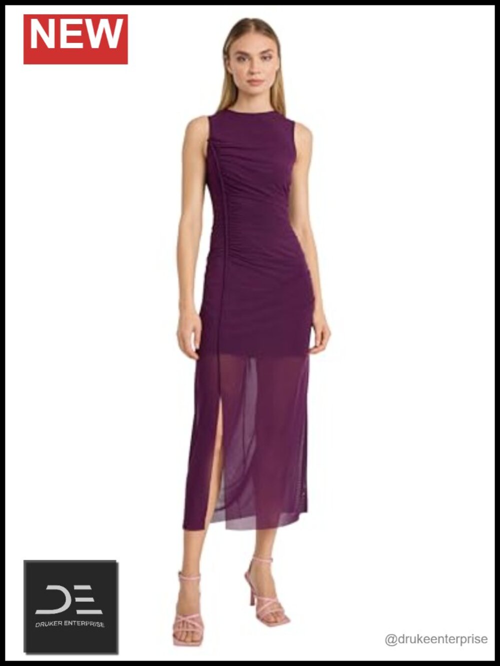 Elegant Ruched Sleeveless Midi Dress with Sheer Overlay